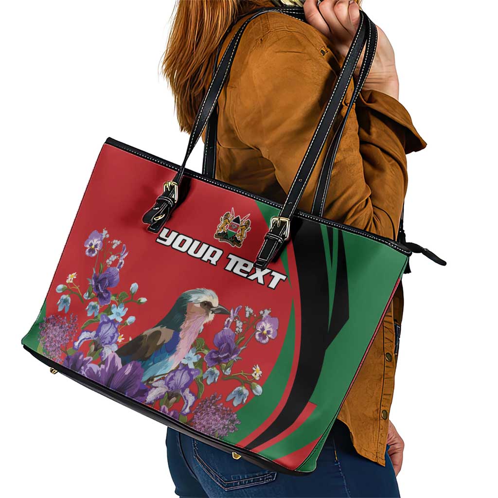 Personalized Kenya Lilac Breasted Roller Leather Tote Bag With Violet Flowers - Wonder Print Shop