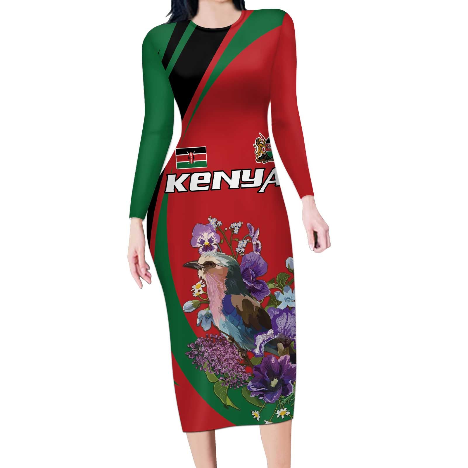 Personalized Kenya Lilac Breasted Roller Long Sleeve Bodycon Dress With Violet Flowers - Wonder Print Shop