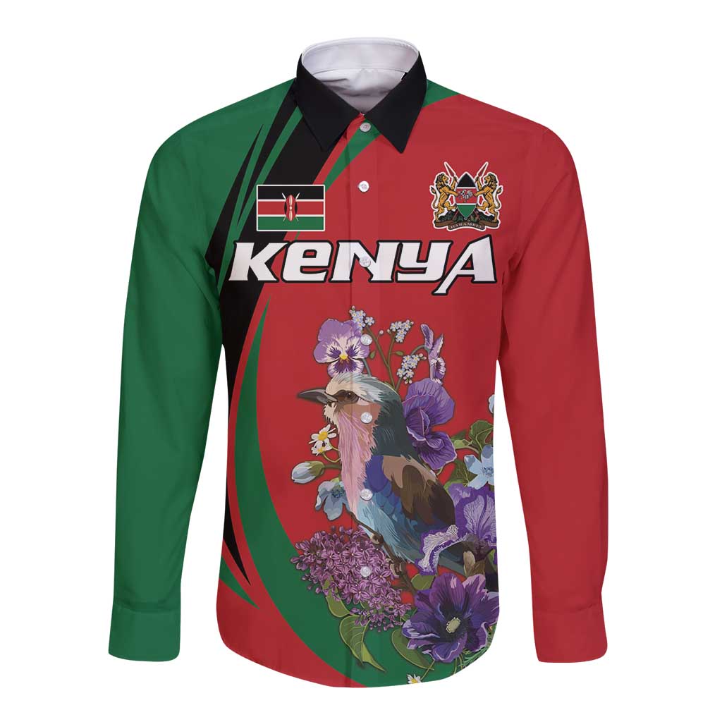 Personalized Kenya Lilac Breasted Roller Long Sleeve Button Shirt With Violet Flowers - Wonder Print Shop