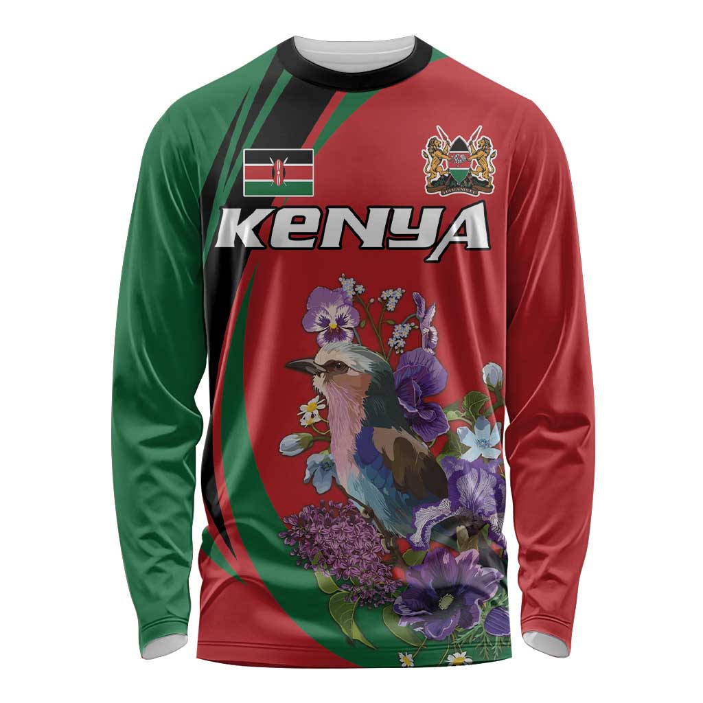 Personalized Kenya Lilac Breasted Roller Long Sleeve Shirt With Violet Flowers - Wonder Print Shop