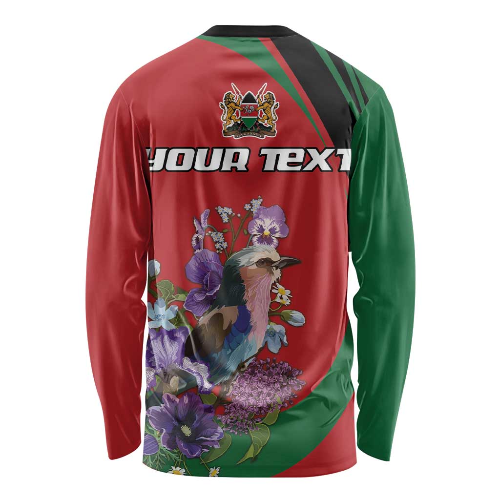 Personalized Kenya Lilac Breasted Roller Long Sleeve Shirt With Violet Flowers - Wonder Print Shop