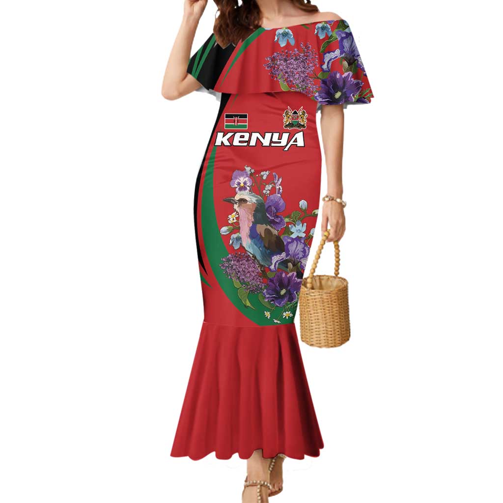 Personalized Kenya Lilac Breasted Roller Mermaid Dress With Violet Flowers - Wonder Print Shop