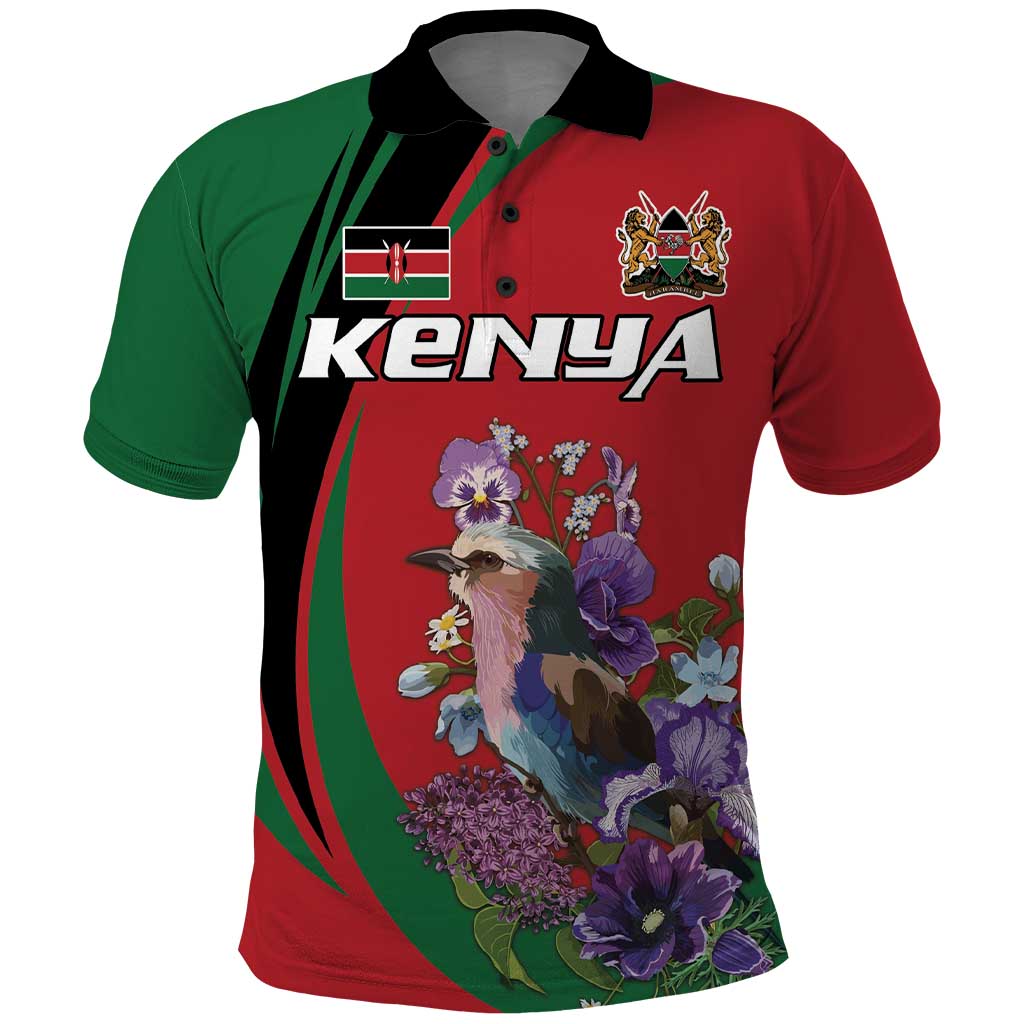 Personalized Kenya Lilac Breasted Roller Polo Shirt With Violet Flowers - Wonder Print Shop