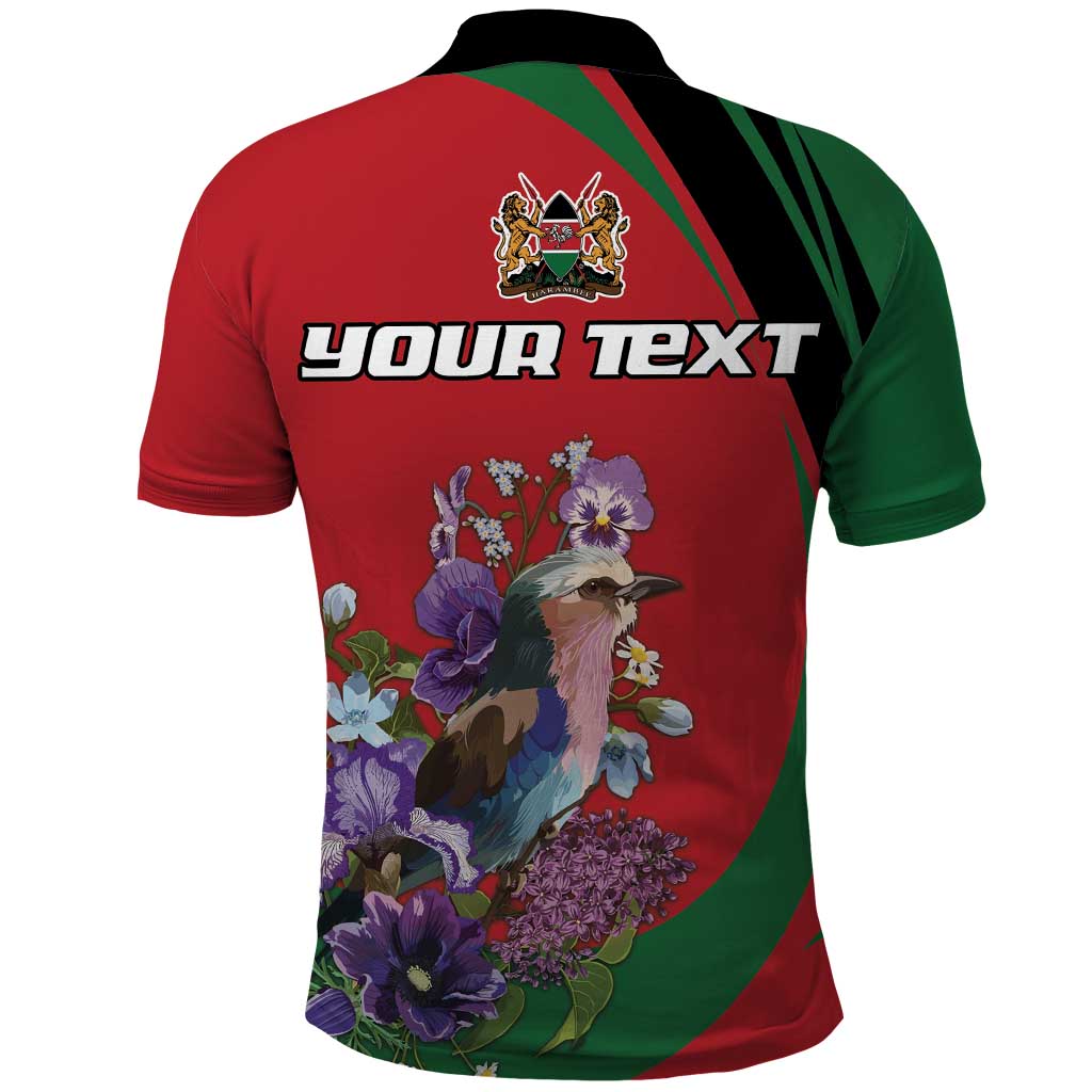 Personalized Kenya Lilac Breasted Roller Polo Shirt With Violet Flowers - Wonder Print Shop