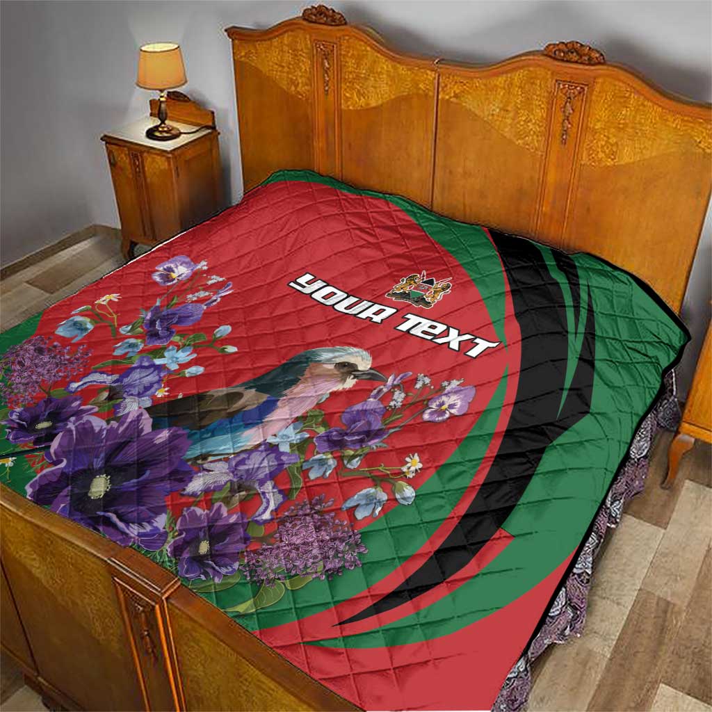 Personalized Kenya Lilac Breasted Roller Quilt With Violet Flowers - Wonder Print Shop