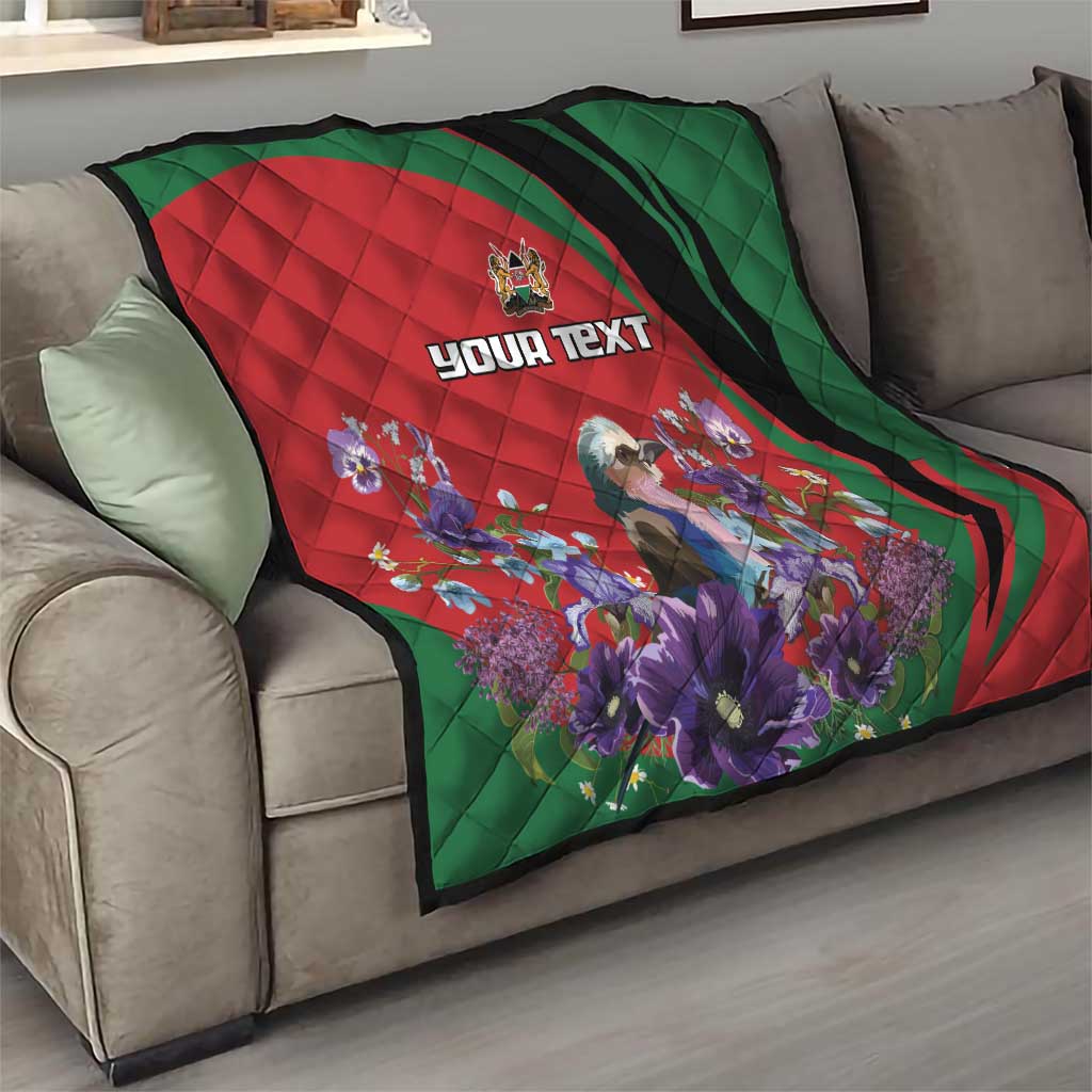 Personalized Kenya Lilac Breasted Roller Quilt With Violet Flowers - Wonder Print Shop