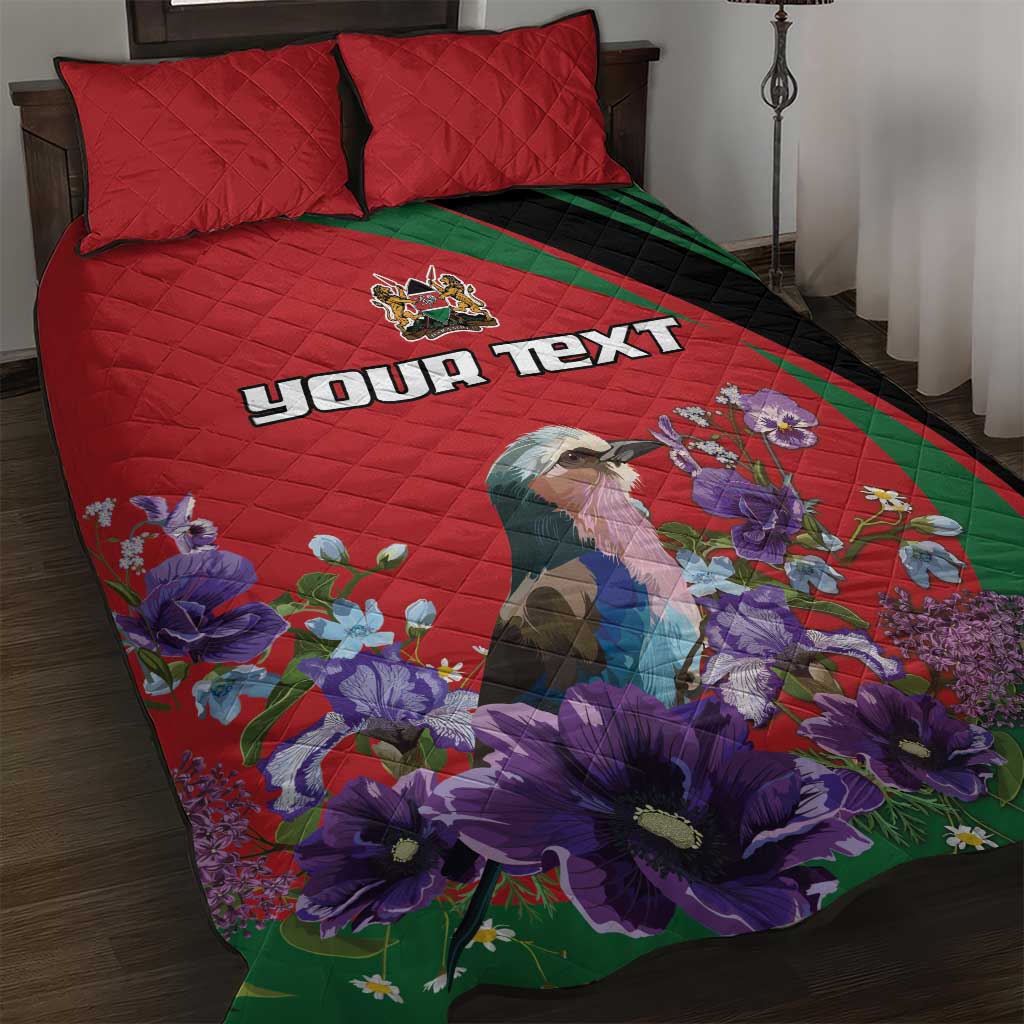 Personalized Kenya Lilac Breasted Roller Quilt Bed Set With Violet Flowers - Wonder Print Shop