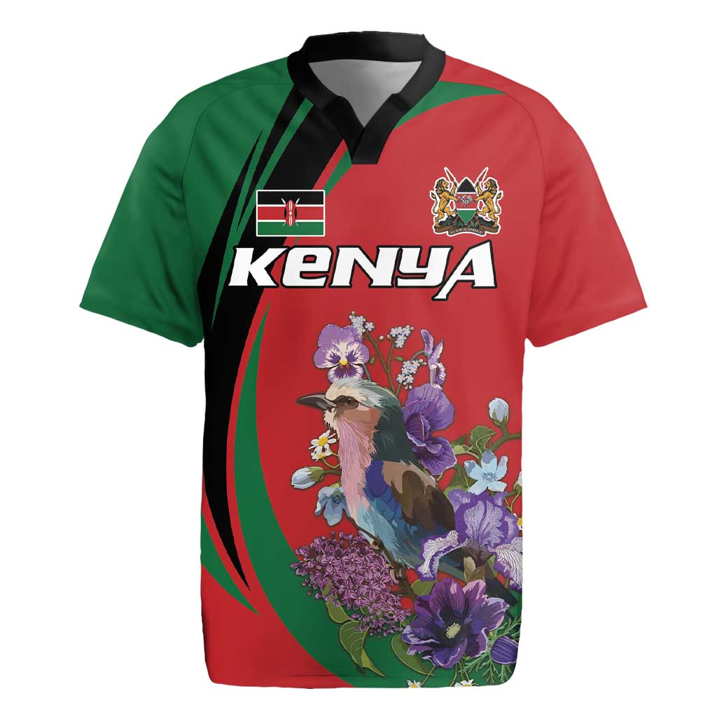 Personalized Kenya Lilac Breasted Roller Rugby Jersey With Violet Flowers - Wonder Print Shop