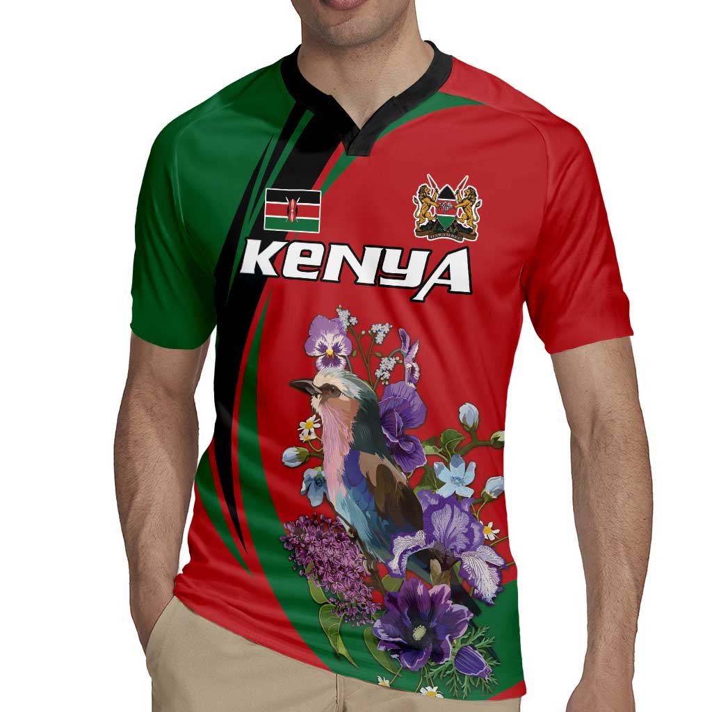 Personalized Kenya Lilac Breasted Roller Rugby Jersey With Violet Flowers - Wonder Print Shop