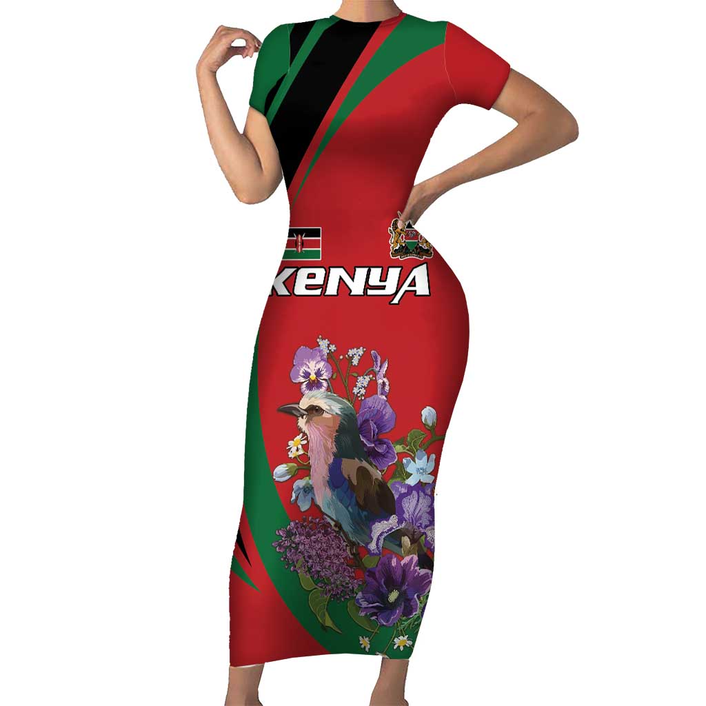 Personalized Kenya Lilac Breasted Roller Short Sleeve Bodycon Dress With Violet Flowers - Wonder Print Shop