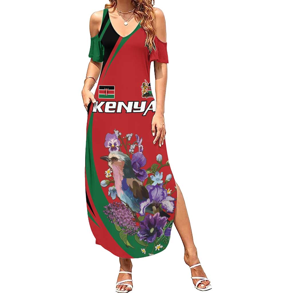 Personalized Kenya Lilac Breasted Roller Summer Maxi Dress With Violet Flowers - Wonder Print Shop