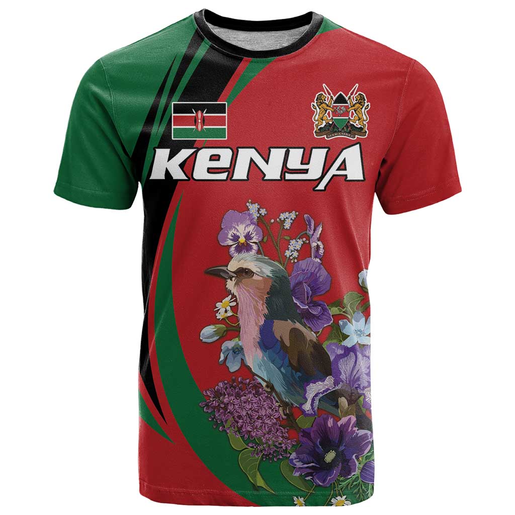 Personalized Kenya Lilac Breasted Roller T Shirt With Violet Flowers - Wonder Print Shop