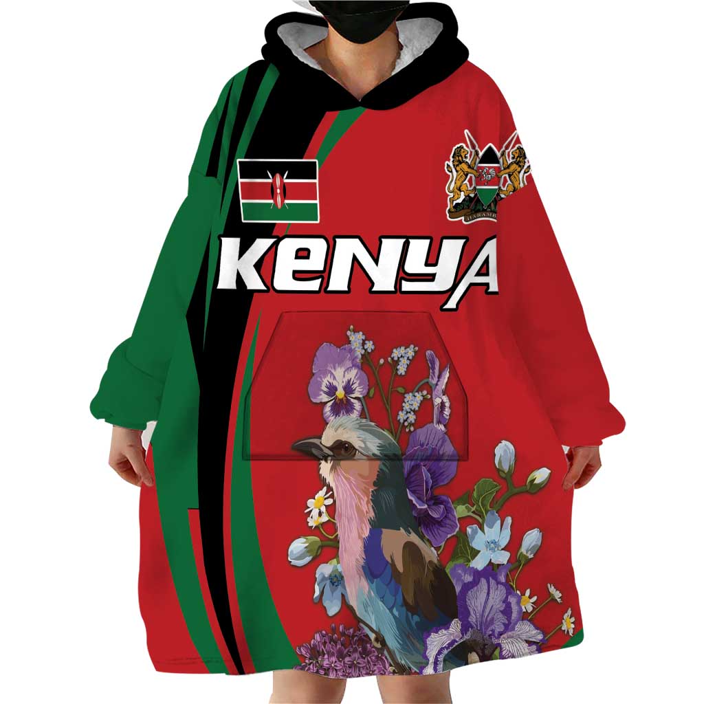 Personalized Kenya Lilac Breasted Roller Wearable Blanket Hoodie With Violet Flowers - Wonder Print Shop