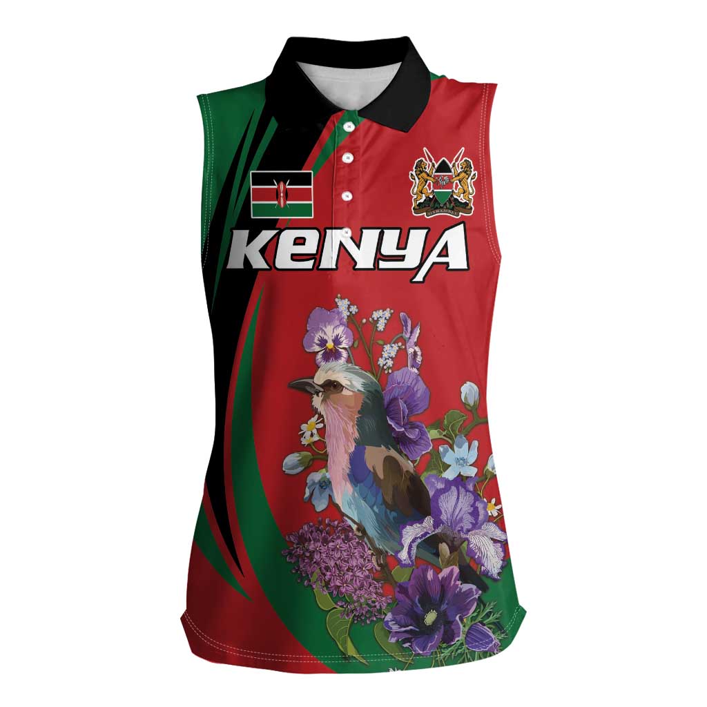 Personalized Kenya Lilac Breasted Roller Women Sleeveless Polo Shirt With Violet Flowers - Wonder Print Shop
