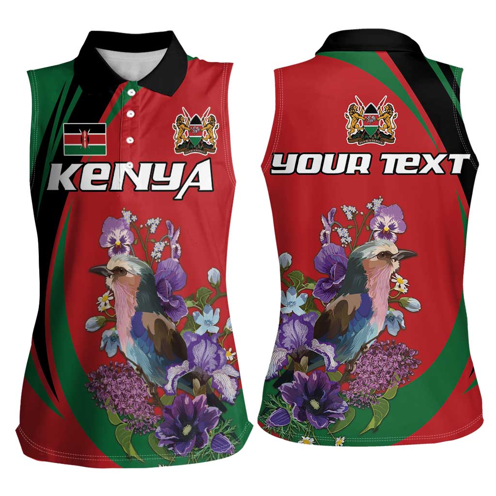 Personalized Kenya Lilac Breasted Roller Women Sleeveless Polo Shirt With Violet Flowers - Wonder Print Shop