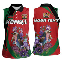 Personalized Kenya Lilac Breasted Roller Women Sleeveless Polo Shirt With Violet Flowers - Wonder Print Shop