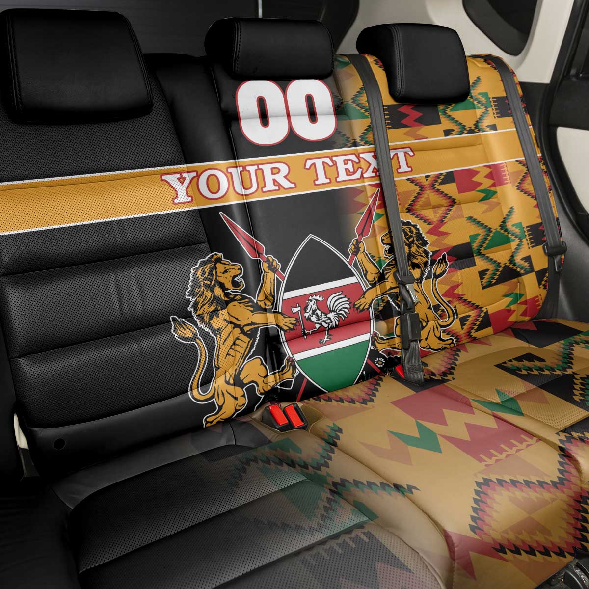 Custom Kenya Coat Of Arms Back Car Seat Cover With Kente Patterns - Wonder Print Shop