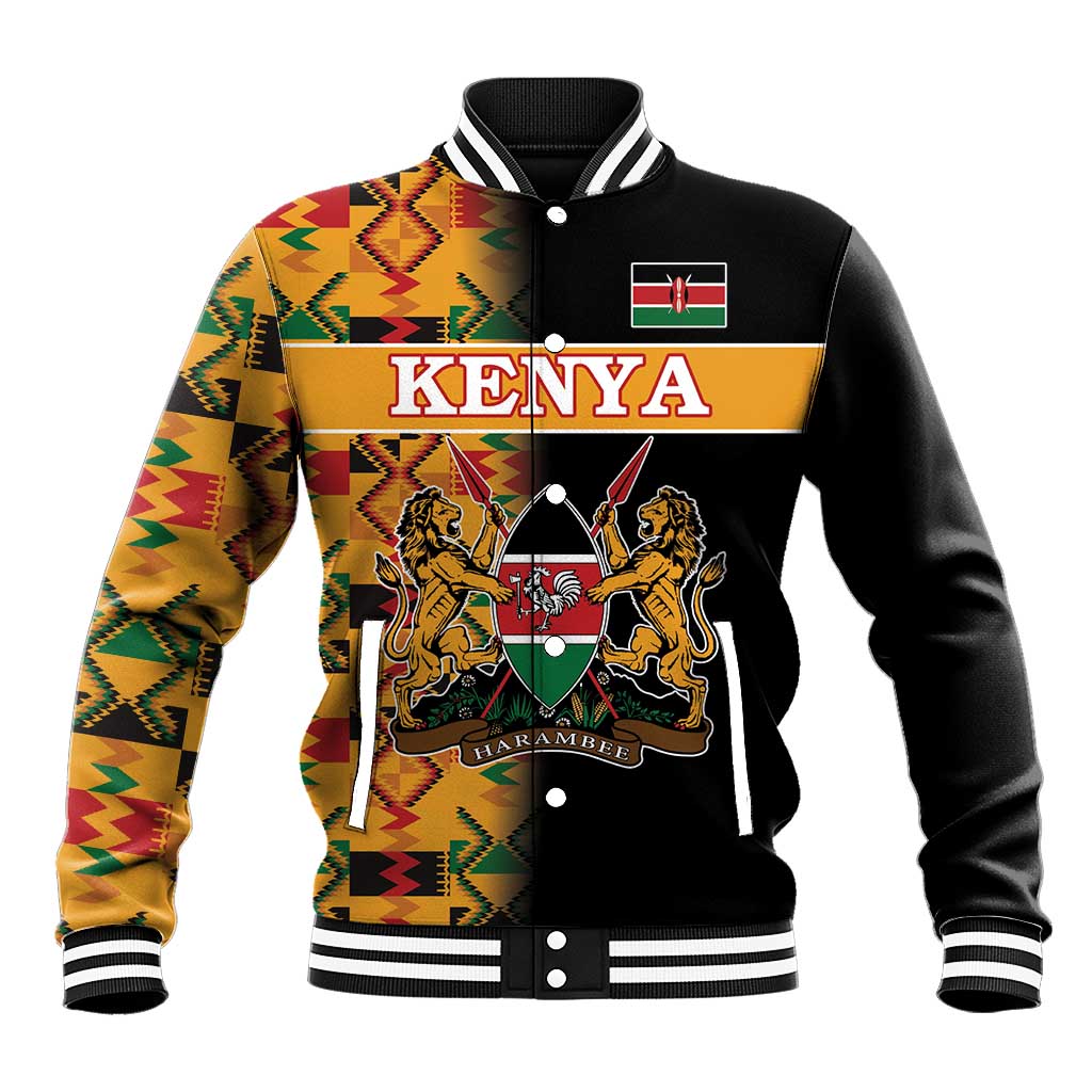 Custom Kenya Coat Of Arms Baseball Jacket With Kente Patterns - Wonder Print Shop