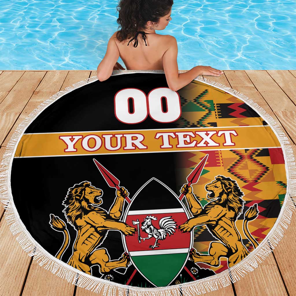 Custom Kenya Coat Of Arms Beach Blanket With Kente Patterns - Wonder Print Shop
