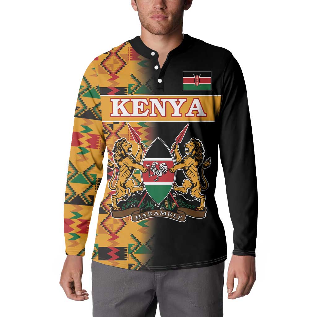 Custom Kenya Coat Of Arms Button Sweatshirt With Kente Patterns - Wonder Print Shop
