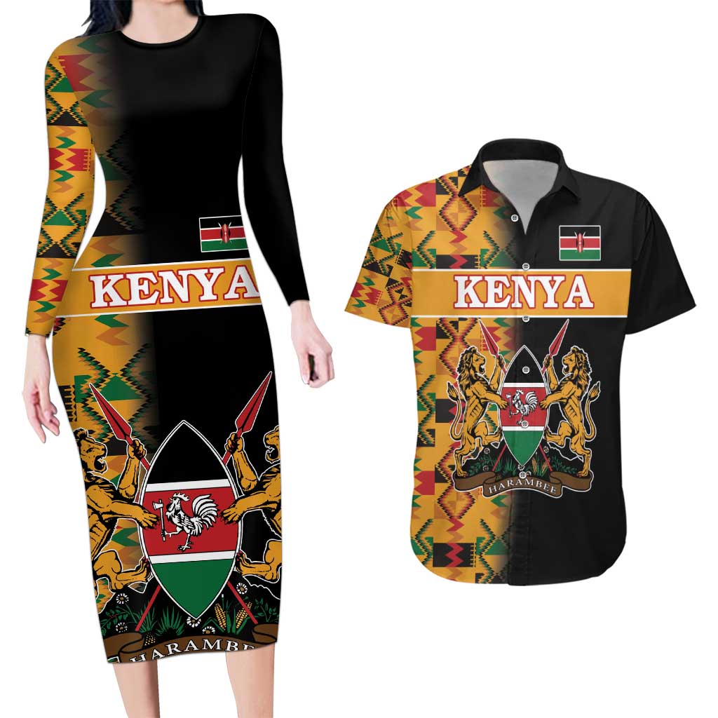 Custom Kenya Coat Of Arms Couples Matching Long Sleeve Bodycon Dress and Hawaiian Shirt With Kente Patterns - Wonder Print Shop