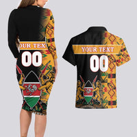 Custom Kenya Coat Of Arms Couples Matching Long Sleeve Bodycon Dress and Hawaiian Shirt With Kente Patterns - Wonder Print Shop
