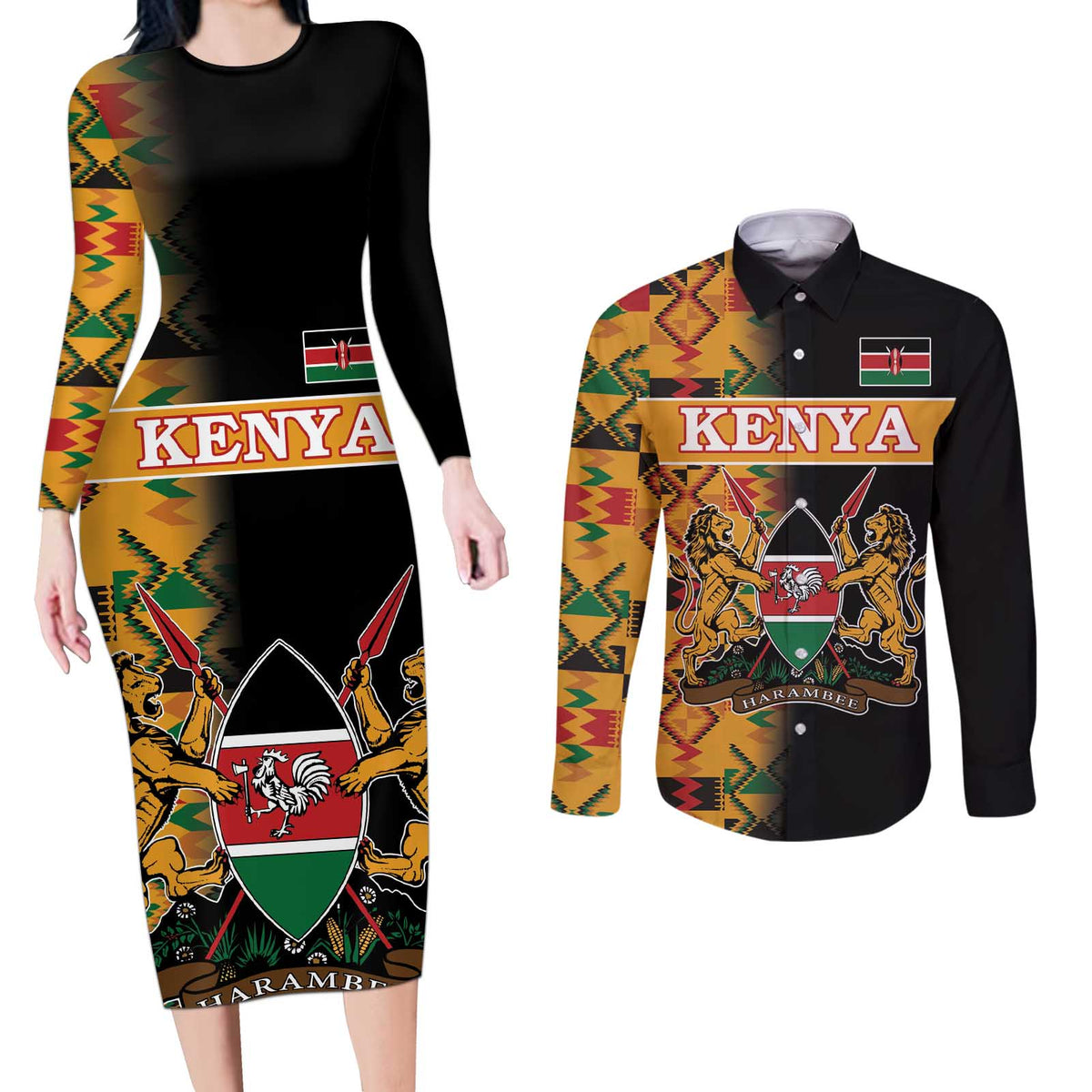 Custom Kenya Coat Of Arms Couples Matching Long Sleeve Bodycon Dress and Long Sleeve Button Shirt With Kente Patterns - Wonder Print Shop