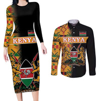 Custom Kenya Coat Of Arms Couples Matching Long Sleeve Bodycon Dress and Long Sleeve Button Shirt With Kente Patterns - Wonder Print Shop
