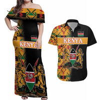 Custom Kenya Coat Of Arms Couples Matching Off Shoulder Maxi Dress and Hawaiian Shirt With Kente Patterns - Wonder Print Shop