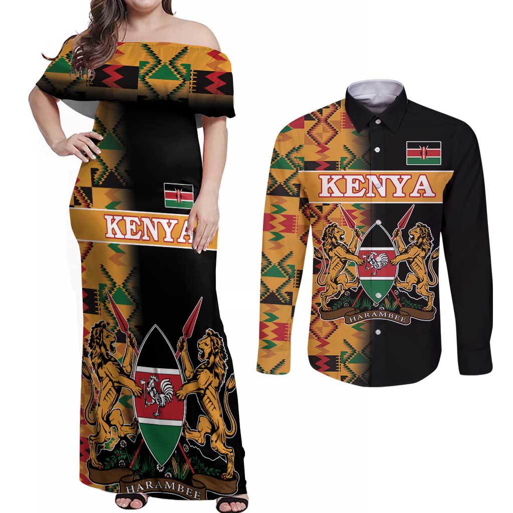 Custom Kenya Coat Of Arms Couples Matching Off Shoulder Maxi Dress and Long Sleeve Button Shirt With Kente Patterns - Wonder Print Shop