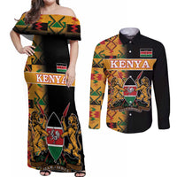 Custom Kenya Coat Of Arms Couples Matching Off Shoulder Maxi Dress and Long Sleeve Button Shirt With Kente Patterns - Wonder Print Shop