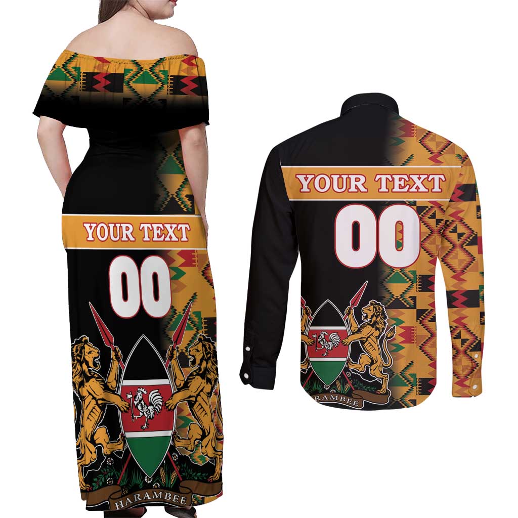 Custom Kenya Coat Of Arms Couples Matching Off Shoulder Maxi Dress and Long Sleeve Button Shirt With Kente Patterns - Wonder Print Shop