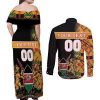 Custom Kenya Coat Of Arms Couples Matching Off Shoulder Maxi Dress and Long Sleeve Button Shirt With Kente Patterns - Wonder Print Shop
