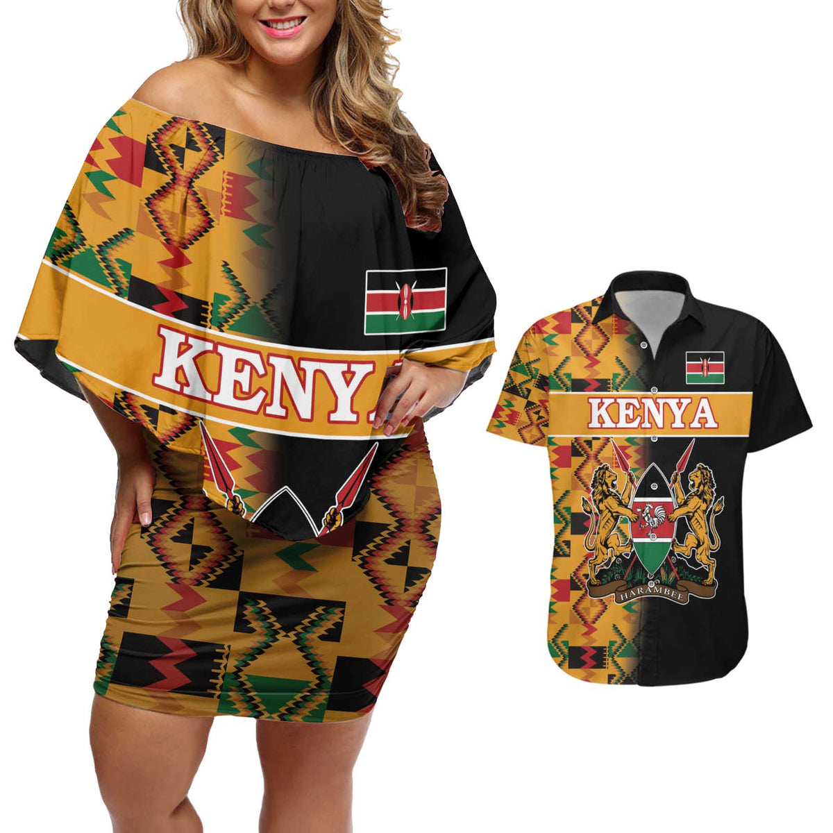 Custom Kenya Coat Of Arms Couples Matching Off Shoulder Short Dress and Hawaiian Shirt With Kente Patterns - Wonder Print Shop