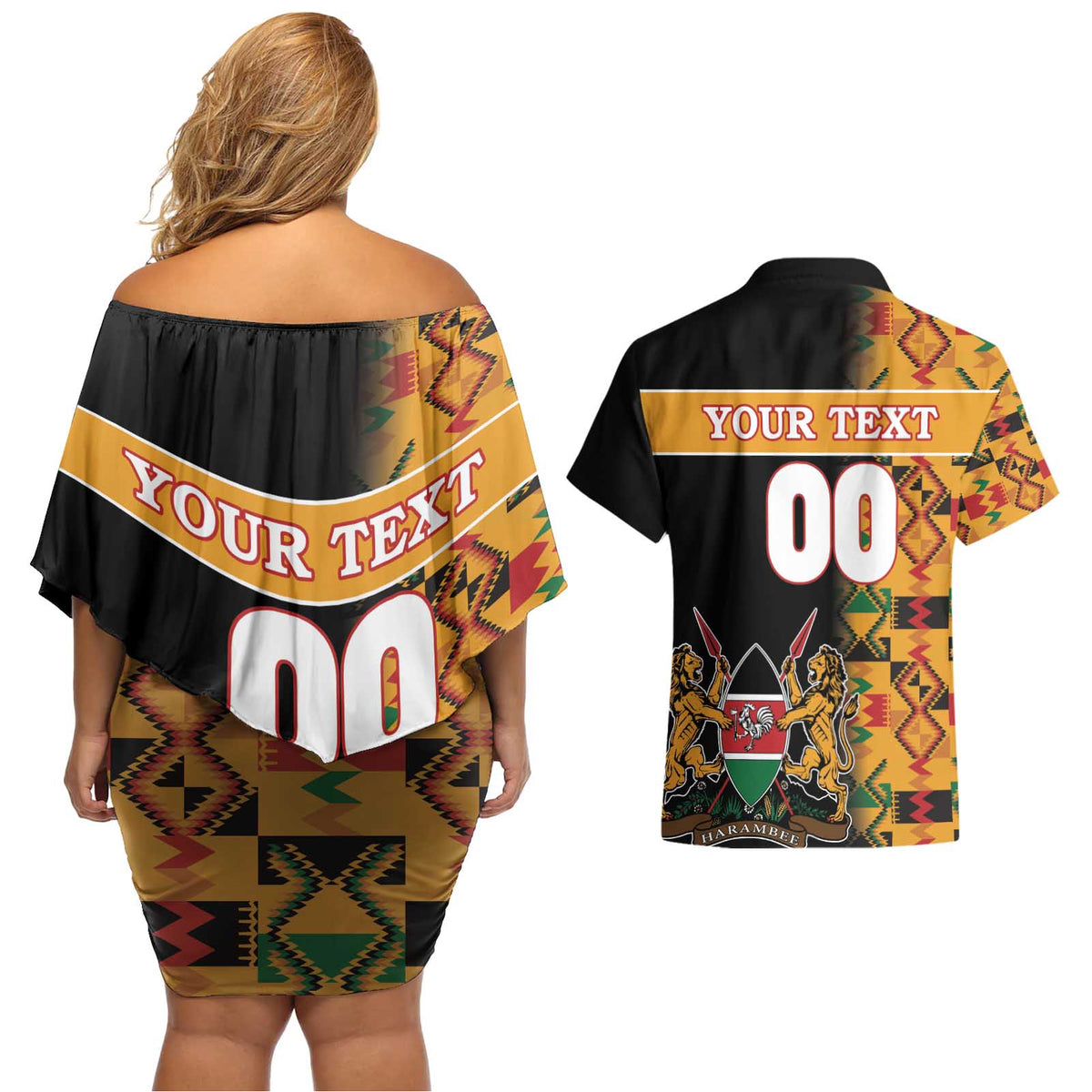 Custom Kenya Coat Of Arms Couples Matching Off Shoulder Short Dress and Hawaiian Shirt With Kente Patterns - Wonder Print Shop