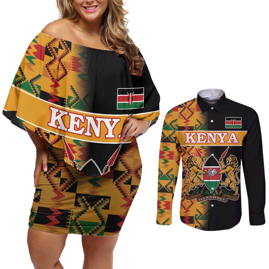 Custom Kenya Coat Of Arms Couples Matching Off Shoulder Short Dress and Long Sleeve Button Shirt With Kente Patterns - Wonder Print Shop