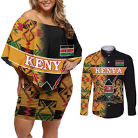 Custom Kenya Coat Of Arms Couples Matching Off Shoulder Short Dress and Long Sleeve Button Shirt With Kente Patterns - Wonder Print Shop
