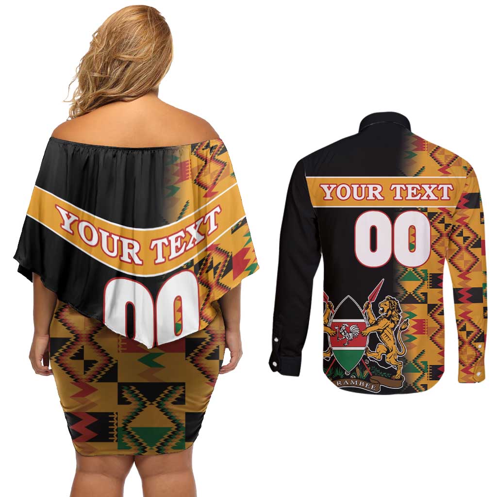 Custom Kenya Coat Of Arms Couples Matching Off Shoulder Short Dress and Long Sleeve Button Shirt With Kente Patterns - Wonder Print Shop