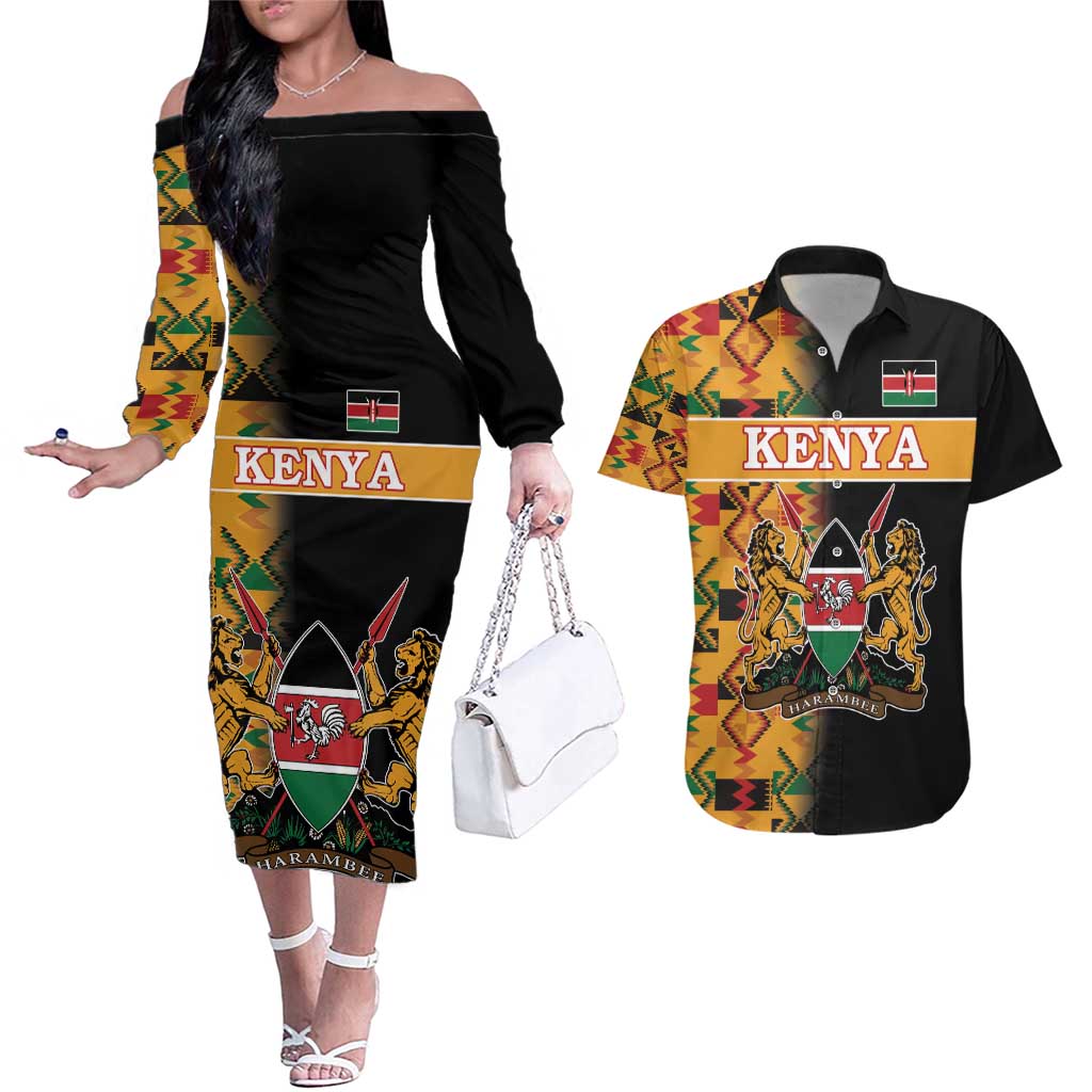 Custom Kenya Coat Of Arms Couples Matching Off The Shoulder Long Sleeve Dress and Hawaiian Shirt With Kente Patterns - Wonder Print Shop