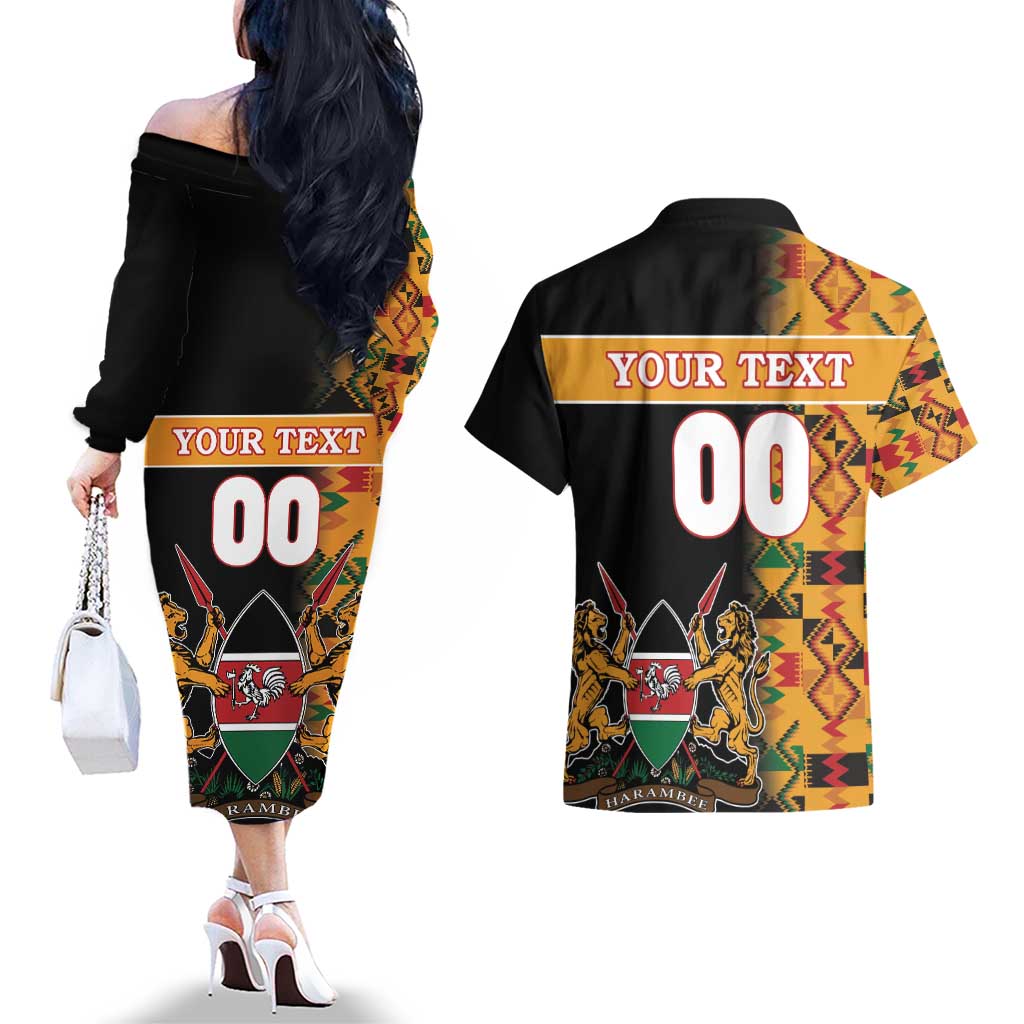 Custom Kenya Coat Of Arms Couples Matching Off The Shoulder Long Sleeve Dress and Hawaiian Shirt With Kente Patterns - Wonder Print Shop