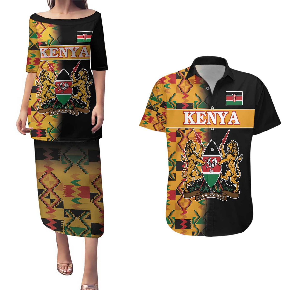 Custom Kenya Coat Of Arms Couples Matching Puletasi and Hawaiian Shirt With Kente Patterns - Wonder Print Shop