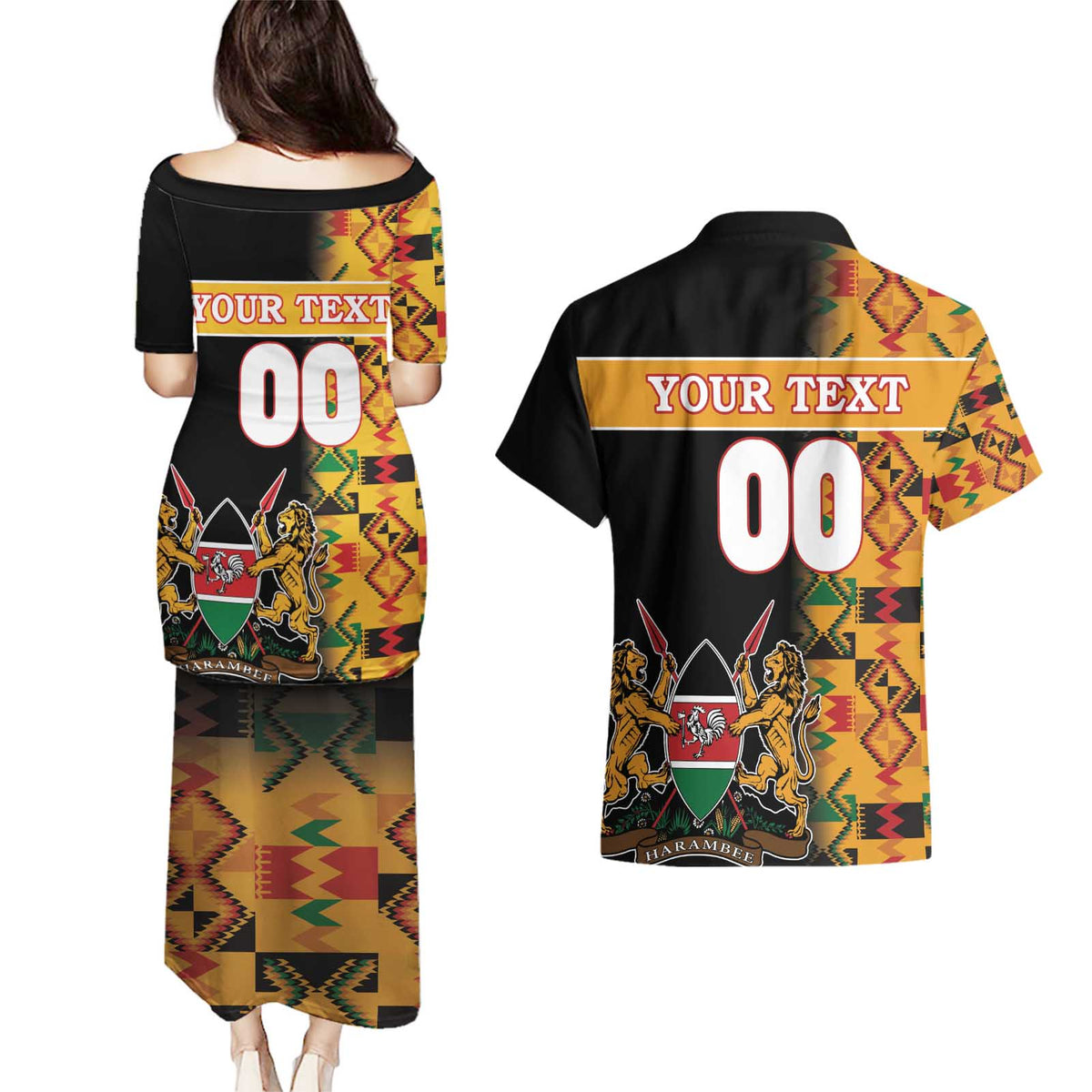 Custom Kenya Coat Of Arms Couples Matching Puletasi and Hawaiian Shirt With Kente Patterns - Wonder Print Shop
