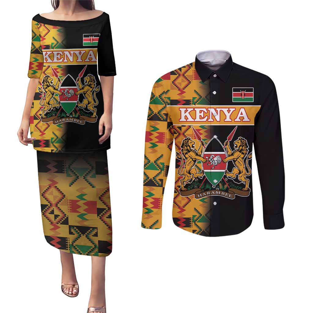 Custom Kenya Coat Of Arms Couples Matching Puletasi and Long Sleeve Button Shirt With Kente Patterns - Wonder Print Shop