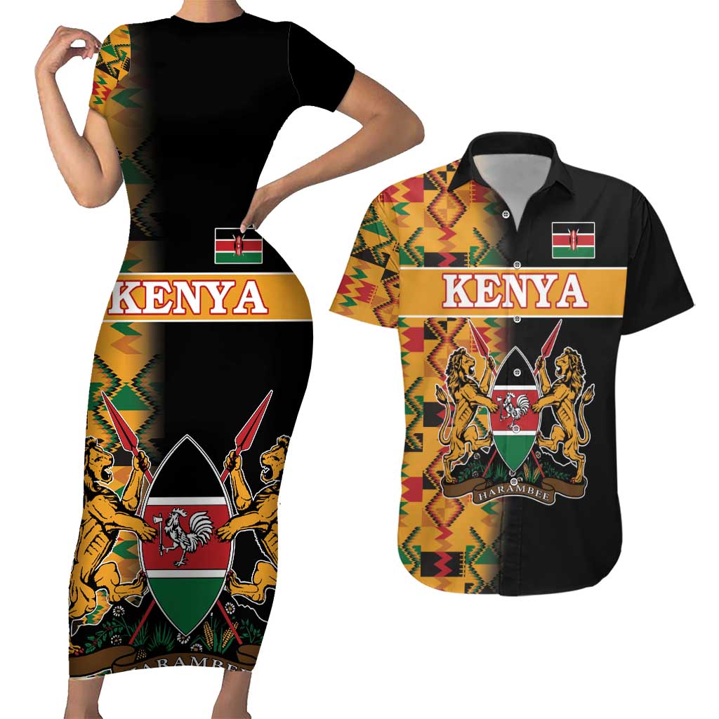 Custom Kenya Coat Of Arms Couples Matching Short Sleeve Bodycon Dress and Hawaiian Shirt With Kente Patterns - Wonder Print Shop