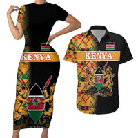 Custom Kenya Coat Of Arms Couples Matching Short Sleeve Bodycon Dress and Hawaiian Shirt With Kente Patterns - Wonder Print Shop