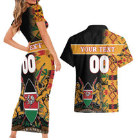 Custom Kenya Coat Of Arms Couples Matching Short Sleeve Bodycon Dress and Hawaiian Shirt With Kente Patterns - Wonder Print Shop