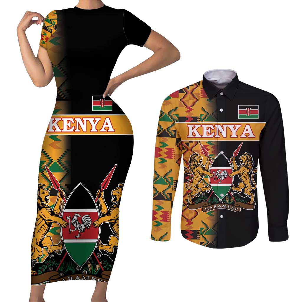 Custom Kenya Coat Of Arms Couples Matching Short Sleeve Bodycon Dress and Long Sleeve Button Shirt With Kente Patterns - Wonder Print Shop