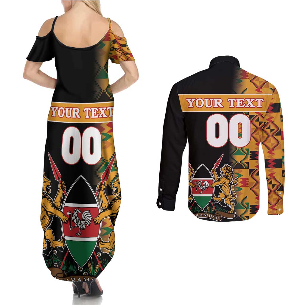 Custom Kenya Coat Of Arms Couples Matching Summer Maxi Dress and Long Sleeve Button Shirt With Kente Patterns - Wonder Print Shop