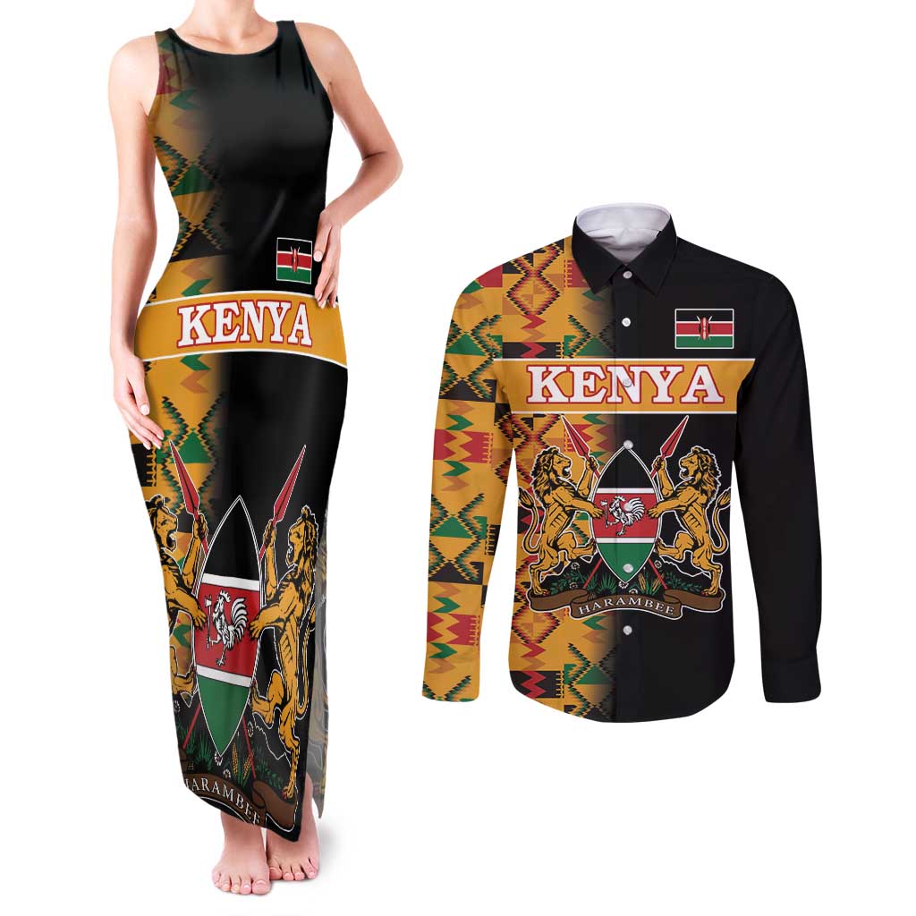 Custom Kenya Coat Of Arms Couples Matching Tank Maxi Dress and Long Sleeve Button Shirt With Kente Patterns - Wonder Print Shop