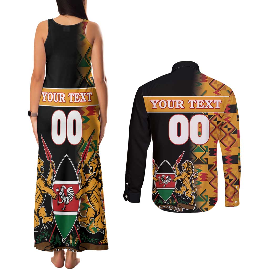 Custom Kenya Coat Of Arms Couples Matching Tank Maxi Dress and Long Sleeve Button Shirt With Kente Patterns - Wonder Print Shop
